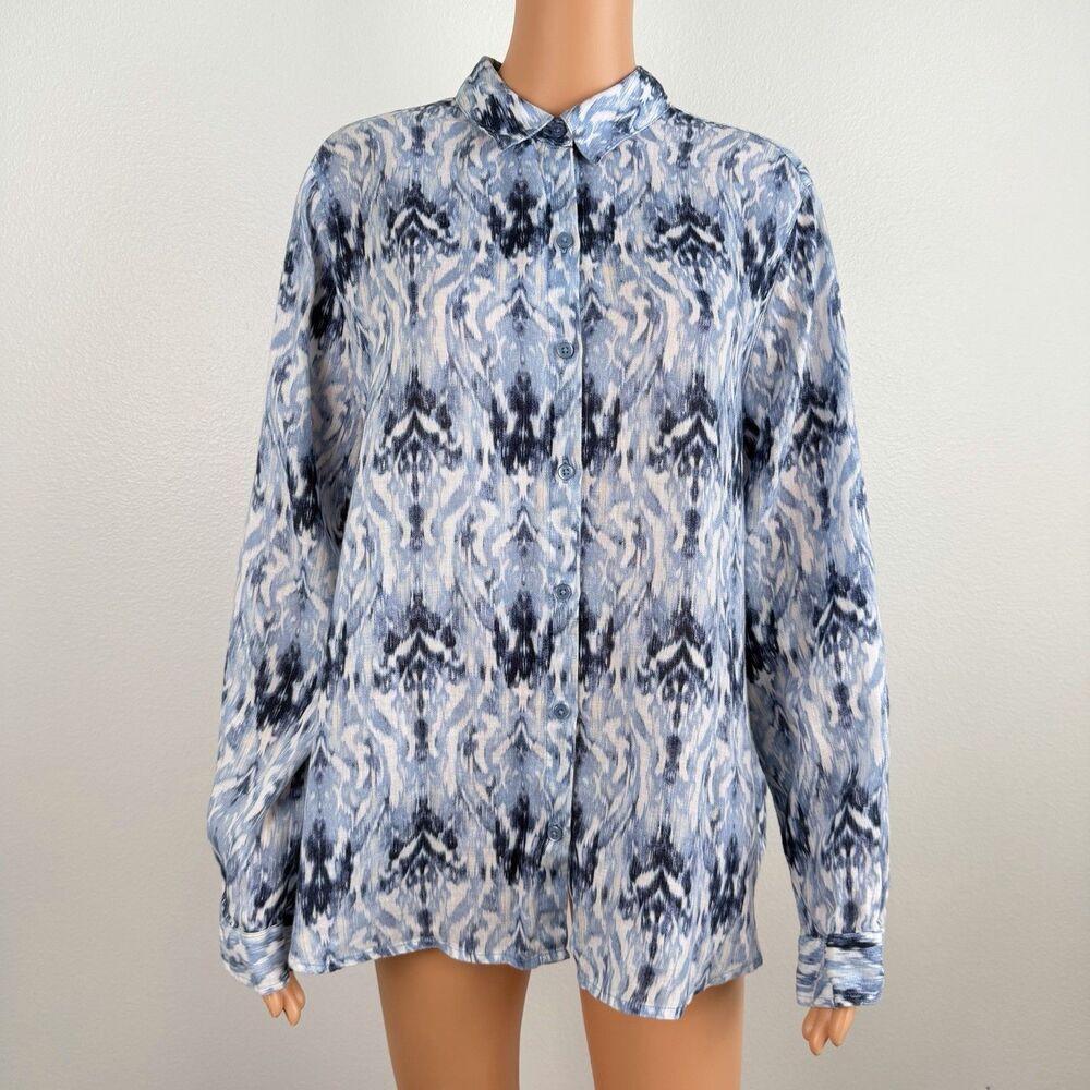 Kim Rogers Geometric Print Linen Shirt Button Up Long Sleeve